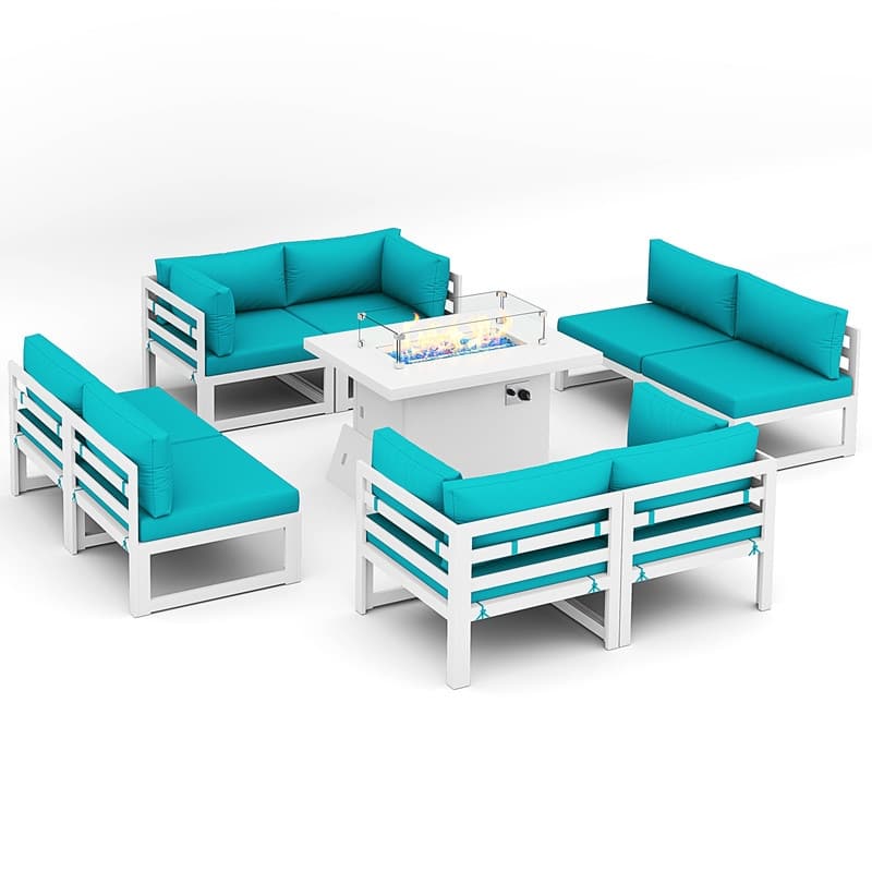 FINCATI 9-piece Extra-large Luxury Aluminum Patio Furniture Set with Deep Seating and Convertible 43'' Fire Pit Table