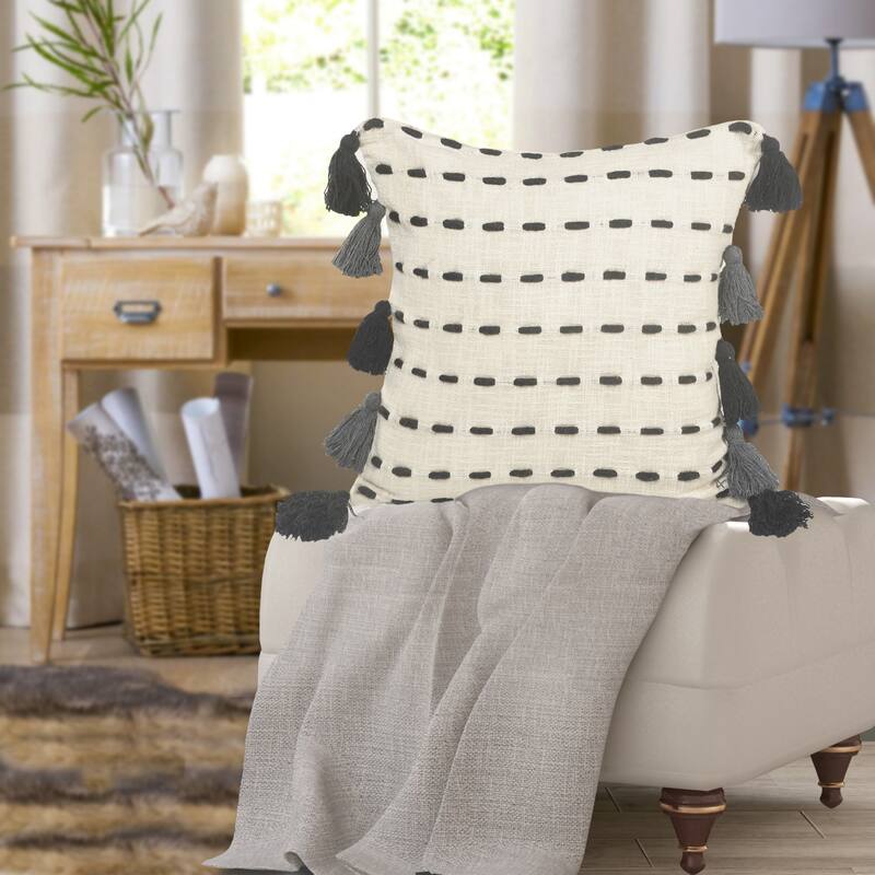 Handwoven Stitched Stripe Square Throw Pillow with Tassels - 20" - Black and Cream