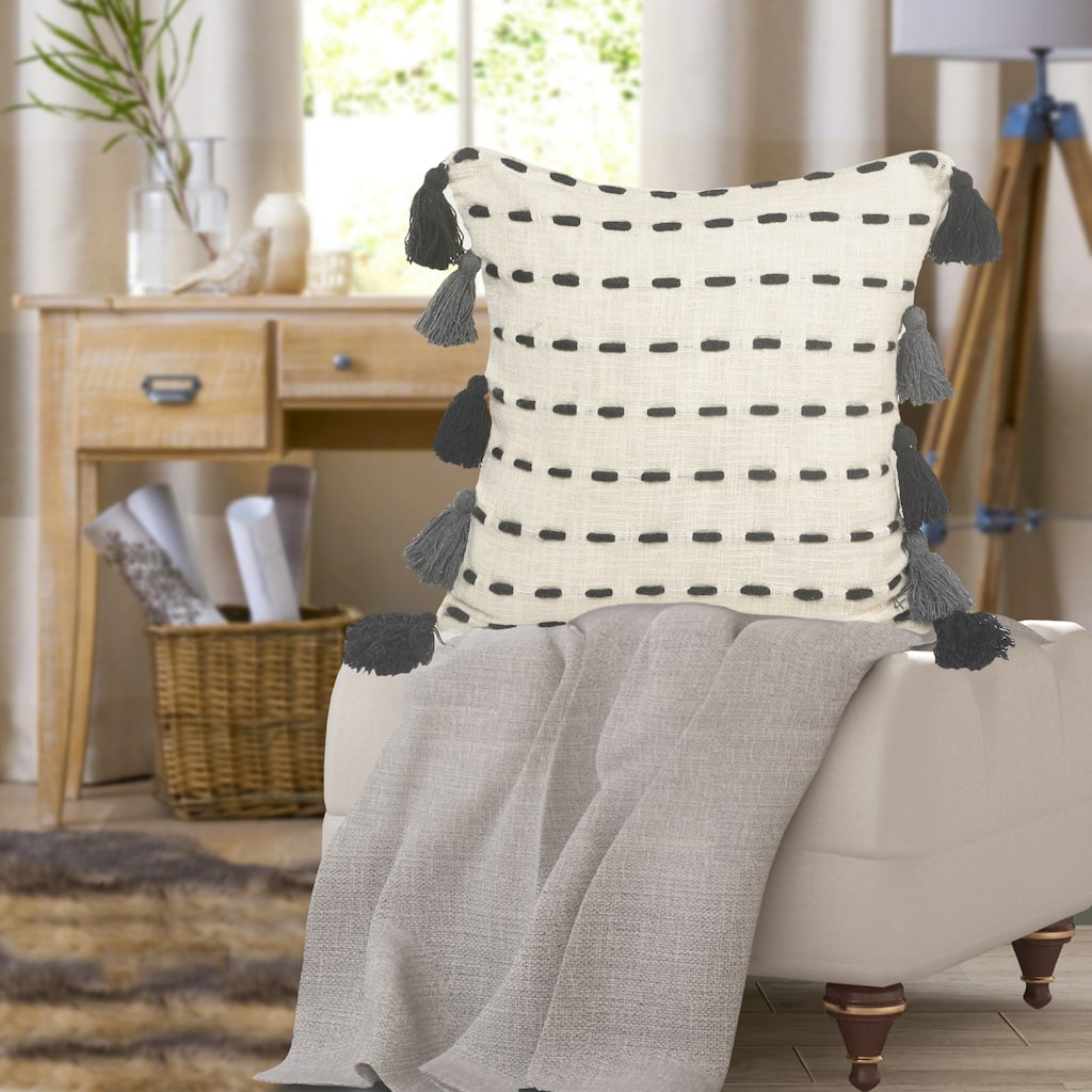 Handwoven Stitched Stripe Square Throw Pillow with Tassels - 20" - Black and Cream