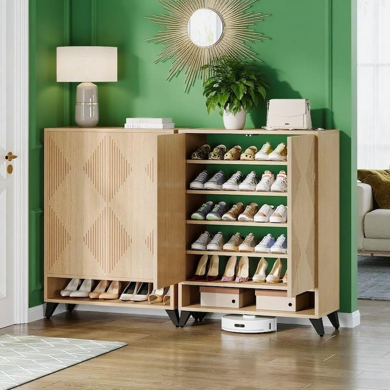 Natural MDF and Metal Shoe Cabinet with Hidden Adjustable Shelves Rebound Doors Anti Tip Storage Organizer for Home - Natural
