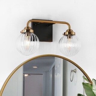 Modern 2-Light Black Gold Bathroom Vanity Light Ribbed Glass Wall ...