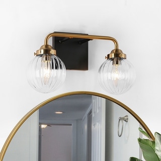 Modern 2-Light Black Gold Bathroom Vanity Light Ribbed Glass Wall Sconce - L 14" x W 6.5" x H 8"