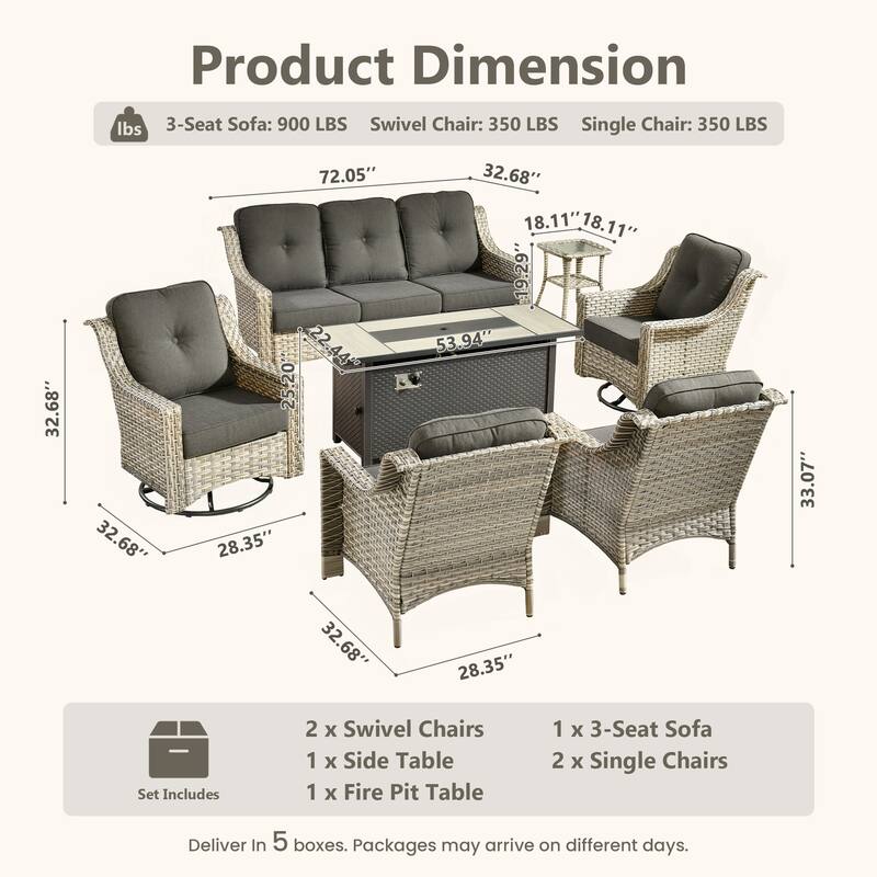 HOOOWOOO 7-piece Wicker Rattan Outdoor High Back Conversation Set with 54" Fire Pit