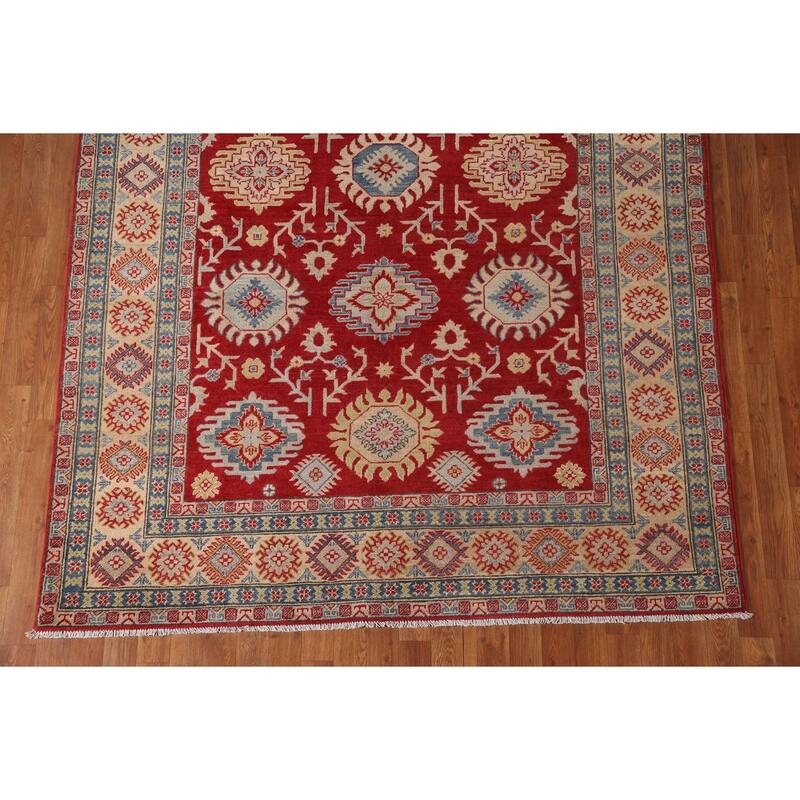 Red Geometric Kazak Area Rug Handmade Oriental Wool Carpet - 6'0" x 8'10"