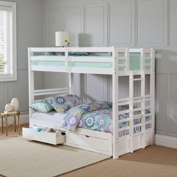 slide 2 of 6, Batu Twin Over Twin Bunk Bed, White Wood Extendable, 2 Storage Drawers