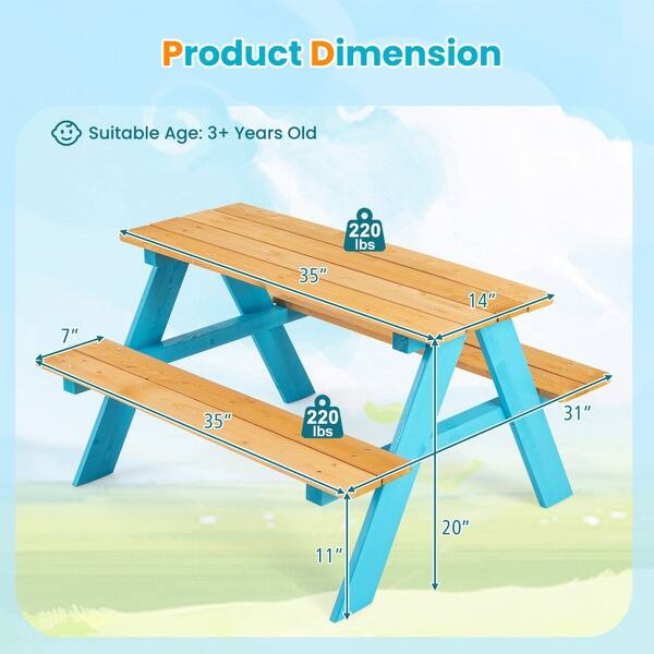 Children Outdoor Wooden Table with Bench Seats for Indoor and Outdoor Use - 35" x 14" x 20" (L x W x H)