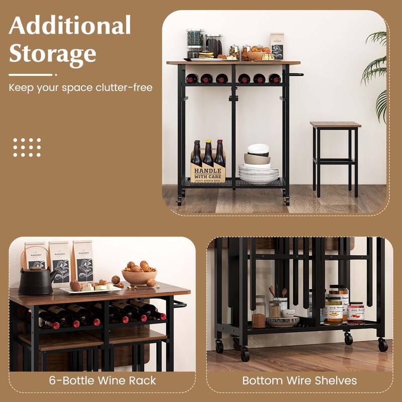 Costway 3 PCS Rolling Dining Table Set Extendable Kitchen Table 2