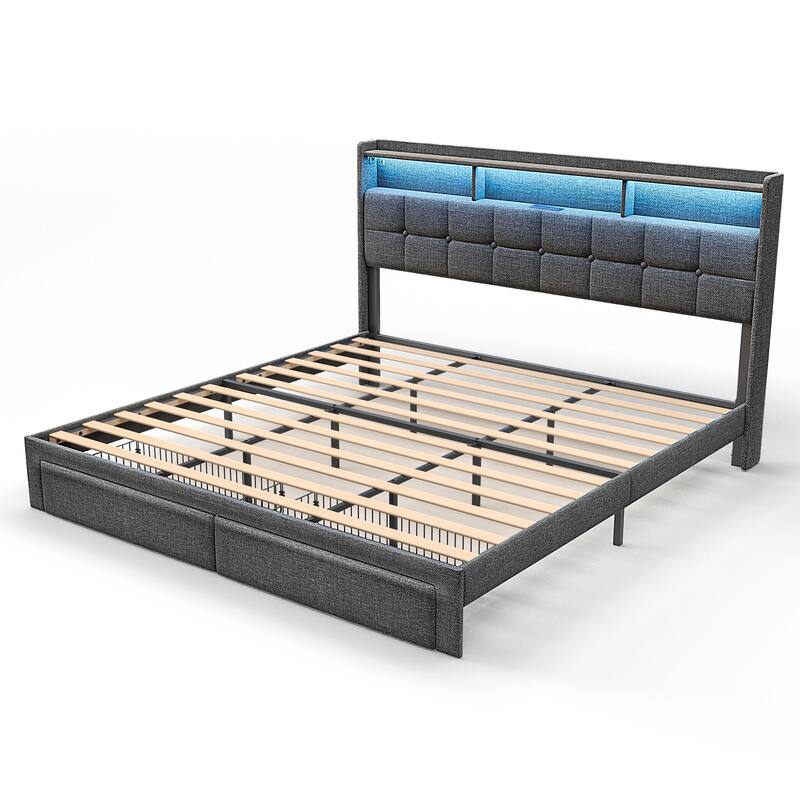 King Size Upholstered Platform Bed with LED Lights, Charging Station & Storage Headboard, No Box Spring Needed