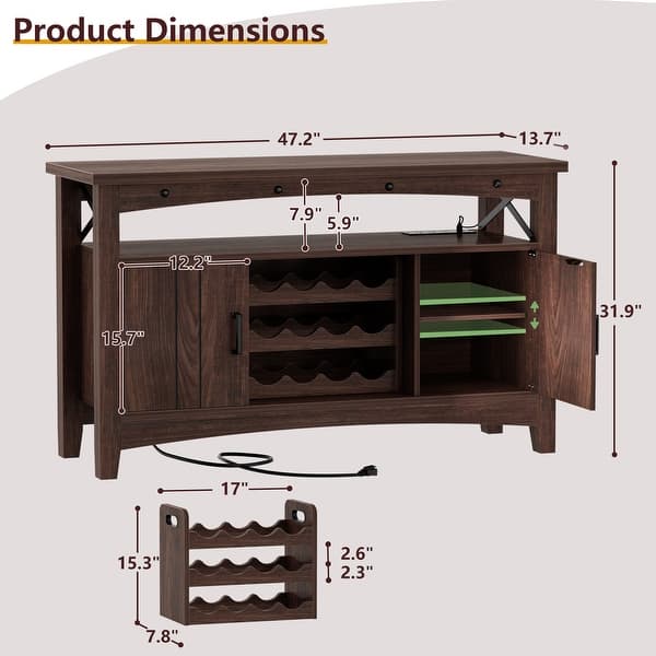 dimension image slide 4 of 5, Farmhouse 47" Wine Bar Cabinet with Power Outlets & LED Lights, Industrial Coffee Bar Liquor Cabinet with Shelves & Wine Rack