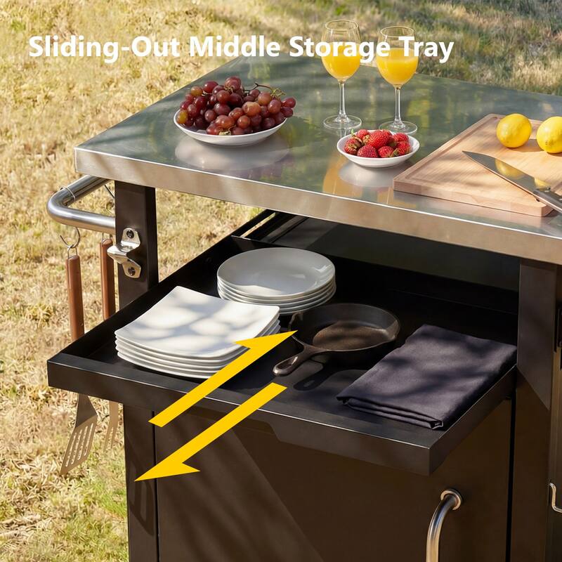 39.5" Outdoor Grill Cart with Storage Cabinet, Wheels, Stainless Steel Top, Spice & Paper Rack