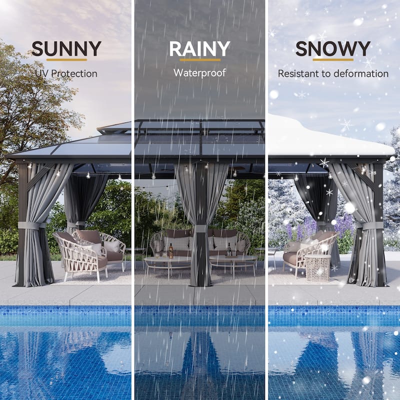 Hardtop Gazebo, Aluminum Frame Permanent Pavilion with Curtains and Netting