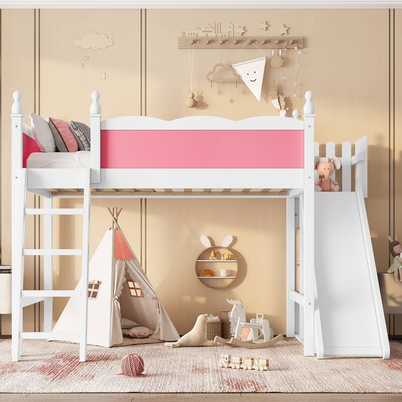 Full Loft Bed with Storage Shelves and Cabinet, Solid Wood Loft Beds with Detachable Slide and Ladders, No Spring Box Needed