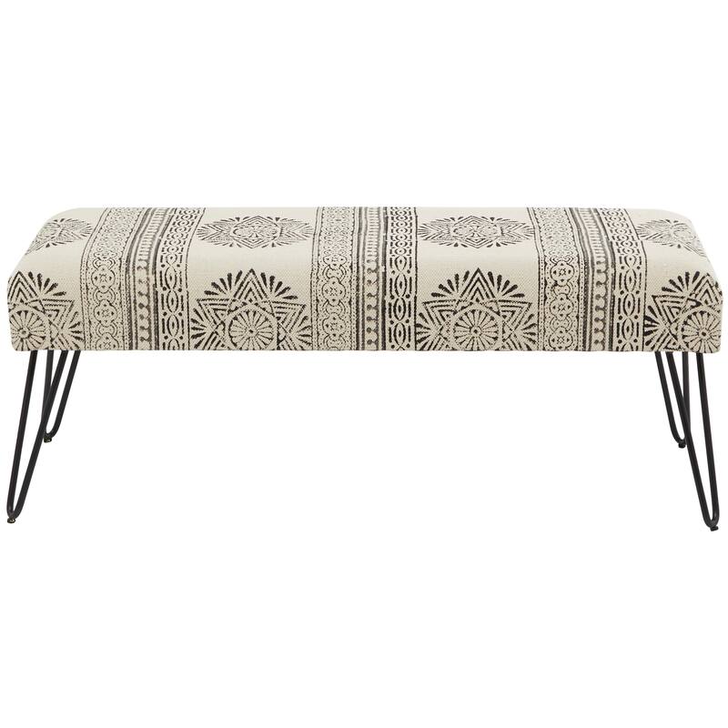 Metal Floral, Diamond or Tribal Bench with Metal Hairpin Legs - White, Gray or Multi Colored - Roche River Decor