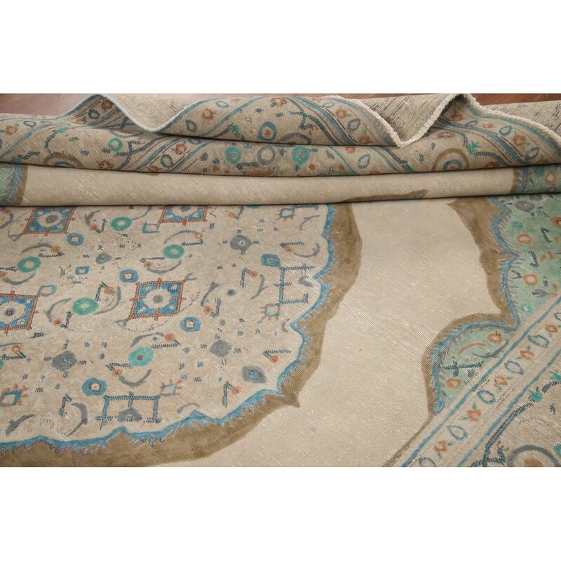 Hand Knotted Oriental 100% Wool Carpet Traditional Medallion Beige & Ivories Tabriz Area Rug - 11' 2'' X 8' 3''