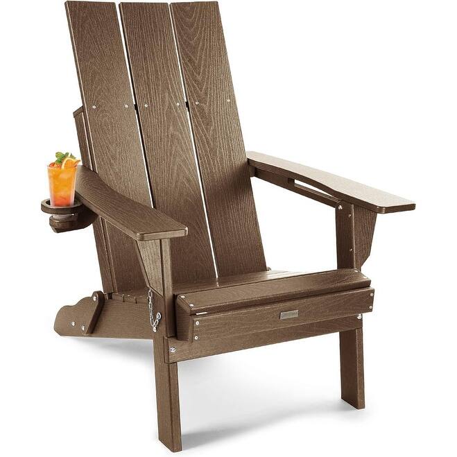 WINSOON Modern HDPE Outdoor Folding Adirondack Chair With Cup Holder - Teak