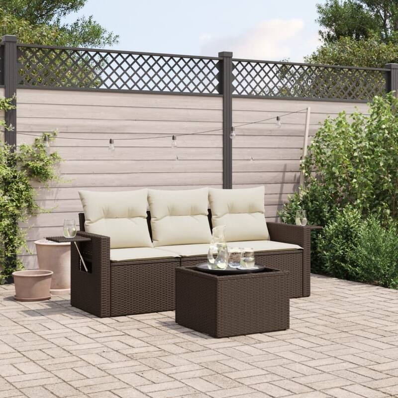 vidaXL Garden Sofa Set Brown, Cream White - Brown-With table