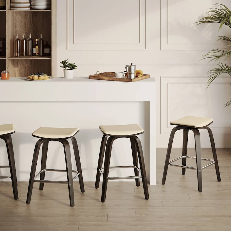 Pelya Leather Swivel Square Counter Stool with Wood Legs and Chrome Footrest for Kitchen Island or Dining Area Set of 2