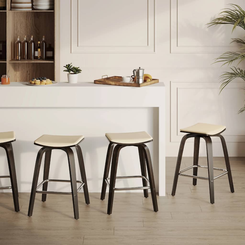 Pelya Leather Swivel Square Counter Stool with Wood Legs and Chrome Footrest for Kitchen Island or Dining Area Set of 2