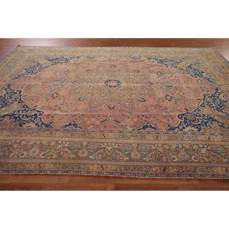Distressed Mashad Persian Vintage Area Rug Hand-Knotted Wool Carpet - 9'7" x 12'7"