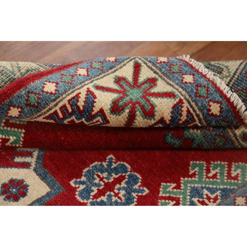 Red Kazak Oriental Accent Rug Hand-Knotted Geometric Wool Carpet - 3'4" x 4'11"