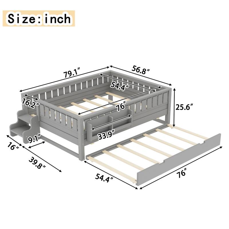Full/Twin Loft Bed with Bookshelves, Safety Stairs & Trundle