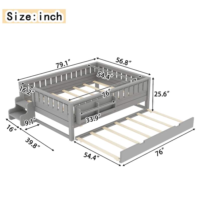 Roomfitters Floor Bed with Bookshelf and Trundle, Low Profile Frame with Step Entry