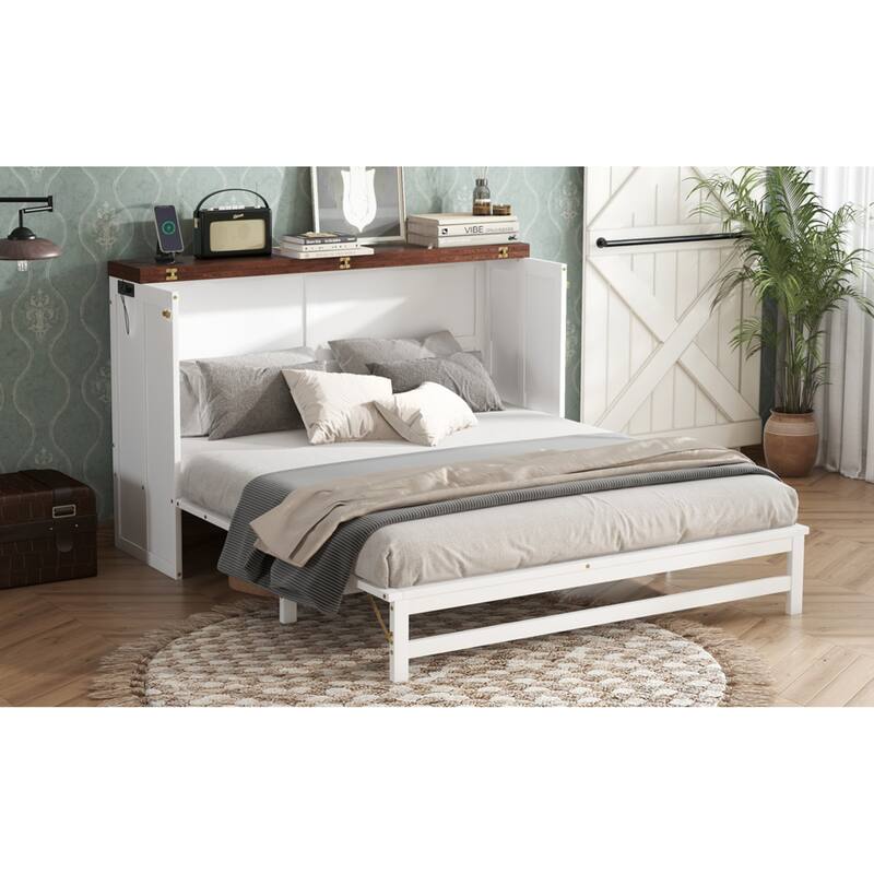 Roomfitters Queen Bed Cabinet with Storage Compartment & Charging Station, USB Ports, Solid Pine Space Saving Bed, White Walnut