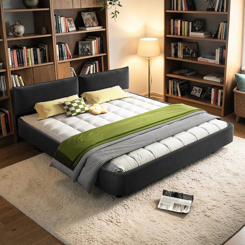 King Size Cloud Bed Frame with Oversized Movable Headboard, Chenille Upholstered Platform Bed with Metal & Wood Support - DARK GREY - King