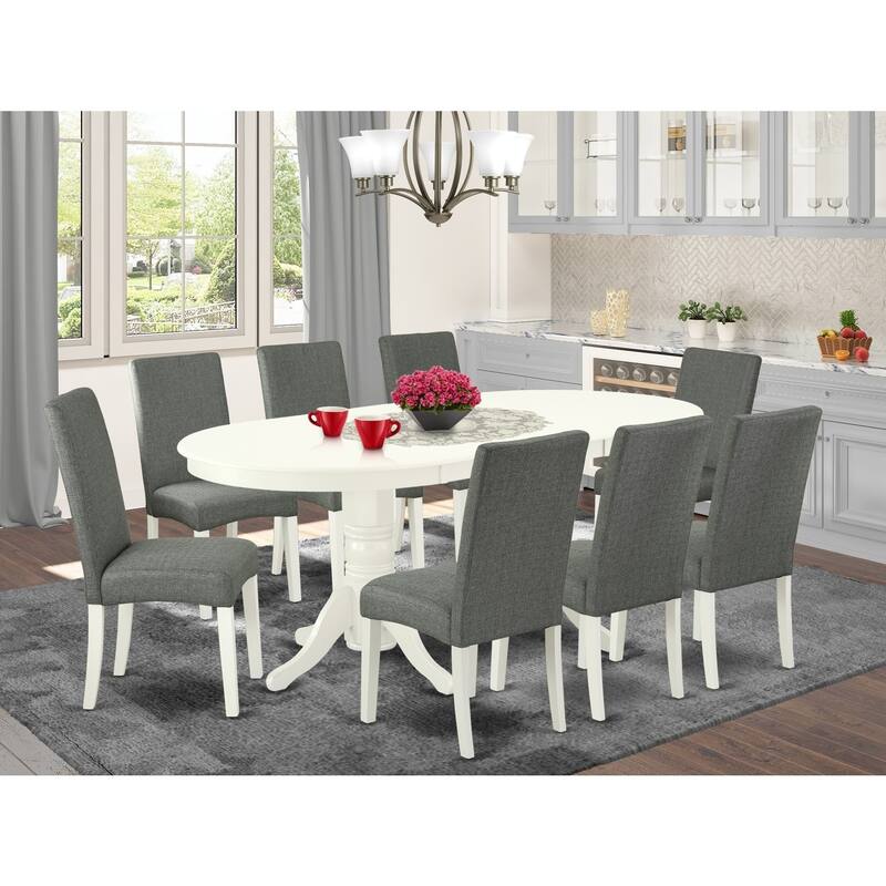 Boho Kitchen Table Set with 8 Chairs - Linen White Oval Dining Set - 40x76 Inch Butterfly Leaf Table - 76.3