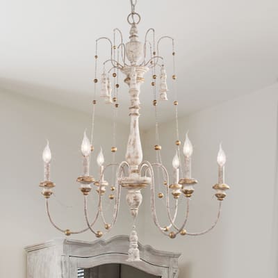 French Country 6-Light 29" White Wood Farmhouse Chandelier for Dining Room - 29"W x 37.5"H