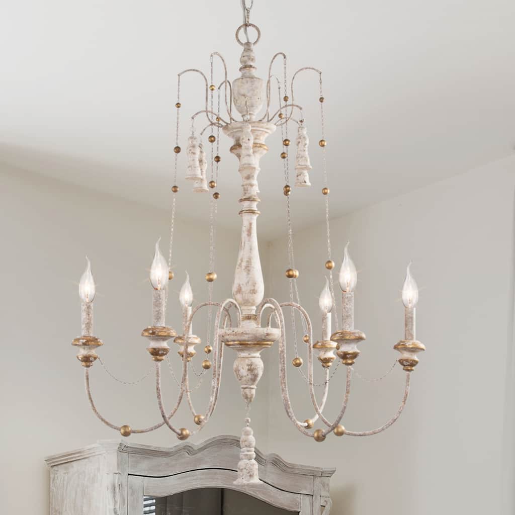 French Country 6-Light 29" White Wood Farmhouse Chandelier for Dining Room - 29"W x 37.5"H