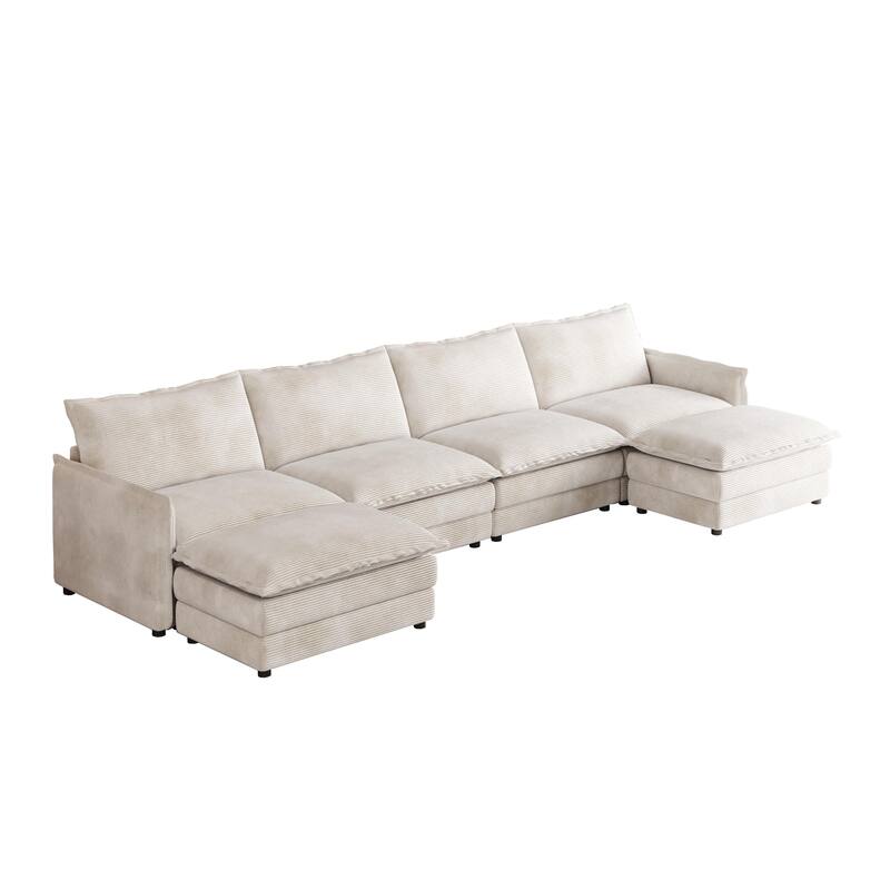 4-Seater Couch with 2 Ottomans, Corduroy Upholstered Cloud Sectional Deep Seat Sleeper Sofa U-Shaped Modular Couch