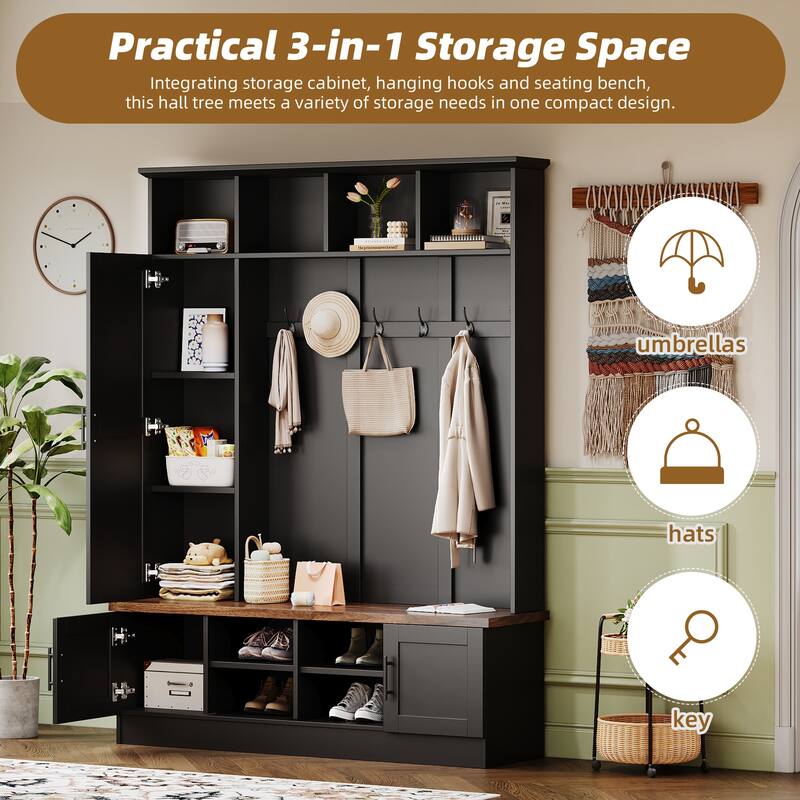 Hall Tree Hallway Storage Bench with Shoe Cubbies and Coat Rack with Hooks