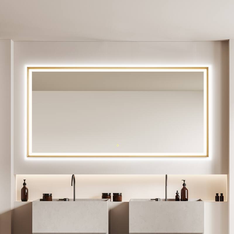 Apollo Rectangular Anti-Fog Dimmable Modern Bathroom/Vanity LED Lighted Wall Mirror in Brushed Gold Aluminum Framed