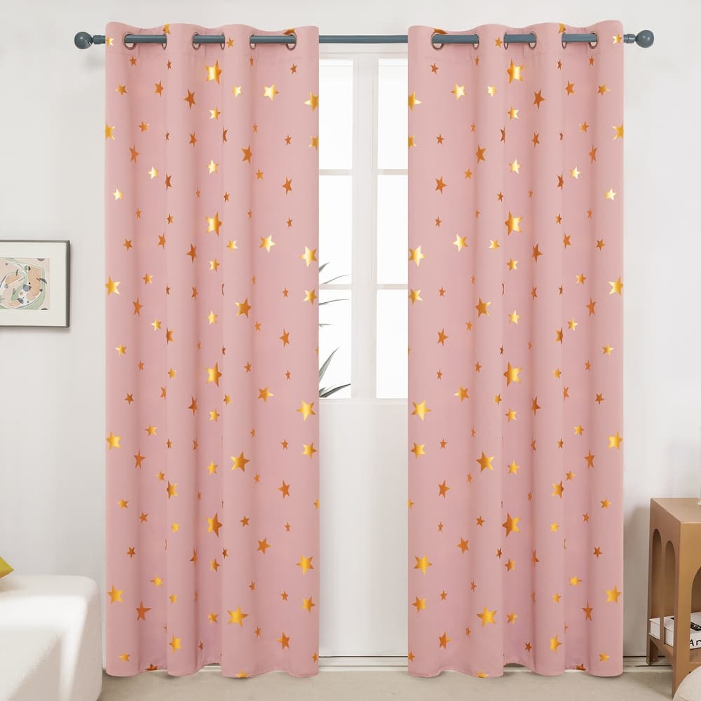 Gold Star Foil Room Darkening Curtains for Kids 2 Panels