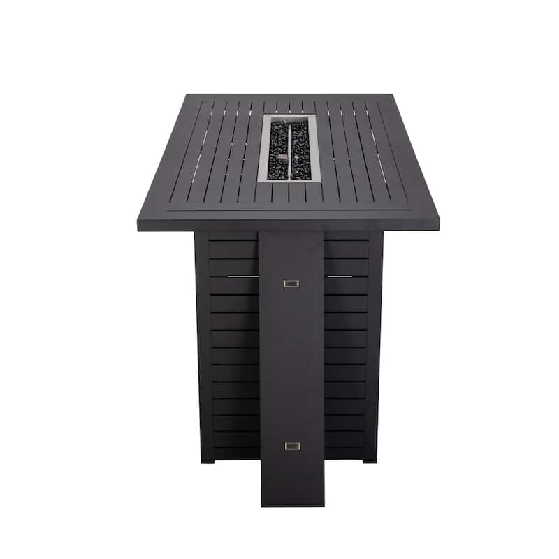 7-Piece Outdoor Patio Bar Height Dining Set in Aluminum with Rectangular Fire Pit Table and 6 Barstool