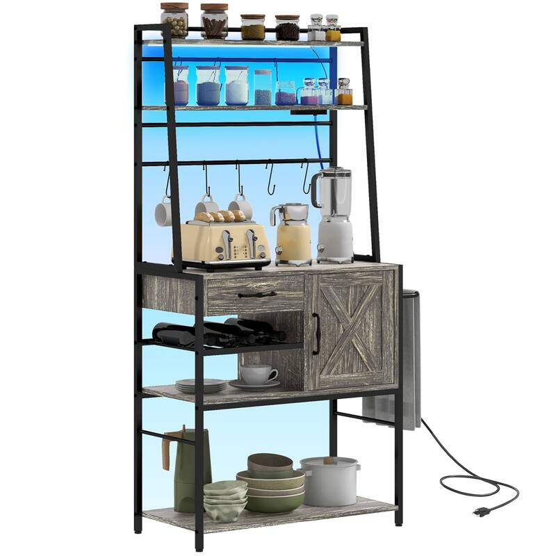 Storage Shelves with Power Outlet and LED Lights, Wine Bottle Rack