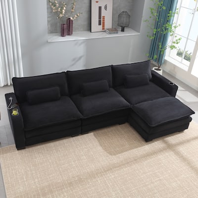 Stripe Corduroy Sofa with USB and Cup Holders, L Shape Chaise with Ottoman and Lumbar Pillows, 3 Seater Convertible Lounge Couch