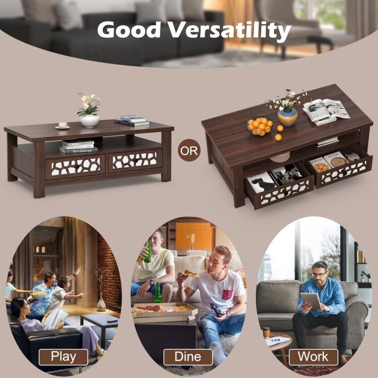 3-tier Coffee Table with 2 Drawers and 5 Support Legs - 46" x 23.5" x 17"