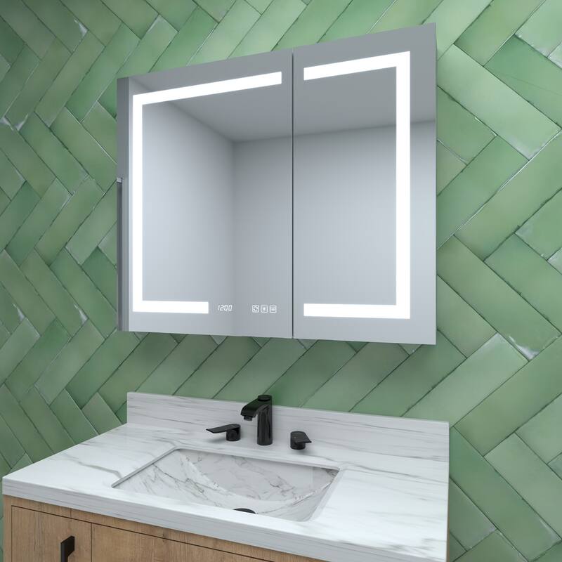 Rectangular Aluminum Recessed/Surface Mount Medicine Cabinet in Silver with Mirror LED and Clock