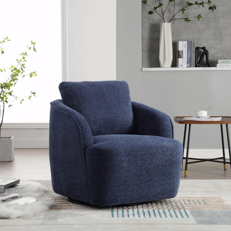 30.3" Bouclé Upholstered Swivel Accent Chair, 360° Round Barrel Club Chair Lounge Armchair - Navy