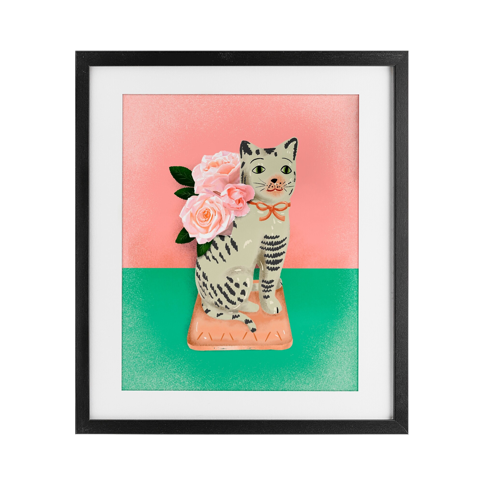 Stupell Vintage Cat Sculpture Pink & Green Framed Art Design By Jilly Jack Designs