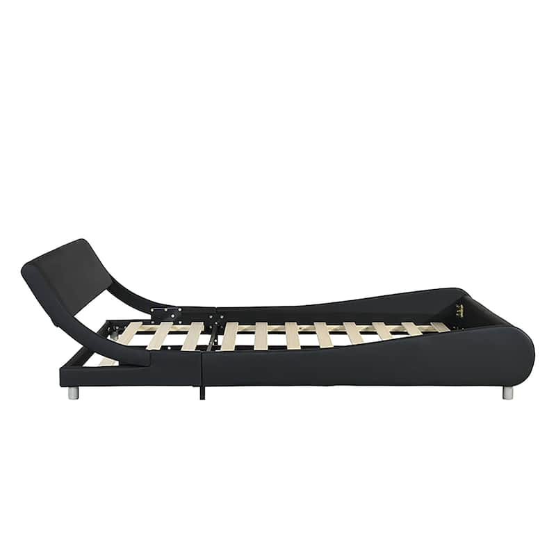 Faux Leather Queen Size Upholstered Platform Bed Frame,LED Lighting with Remote Controller and APP,Wood Slat Support