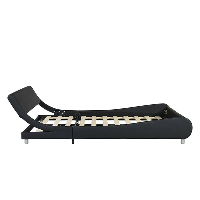 Queen Faux Leather Bed Frame with RGB LED Lighting, Remote/App Control, Wood Slat Support, Curved Design, No Box Spring Need