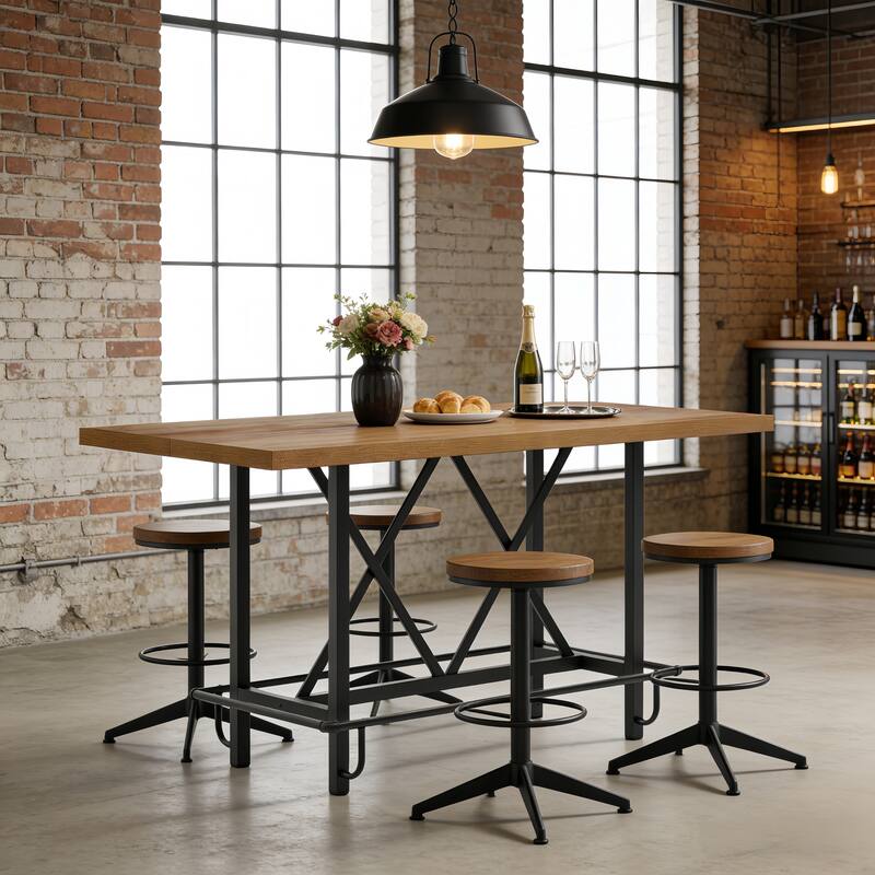 6-People Counter Bar Height Pub Table withe Footrest, Tall Bar Table with Thicken Wood Tabletop and Metal Frame for Home/Kitchen - Bright Brown & Black