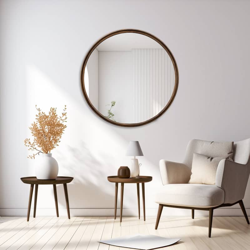 Classic Wooden Frame Farmhouse Round Wall Mirror