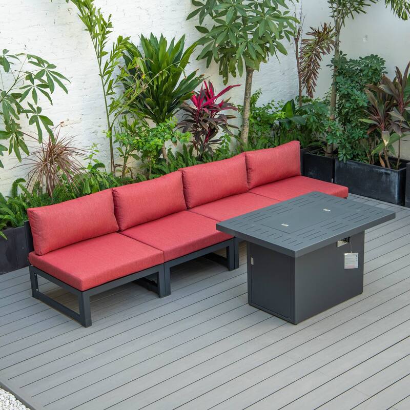 LeisureMod Chelsea 5-Piece Outdoor Patio Chairs and Fire Pit Table Set