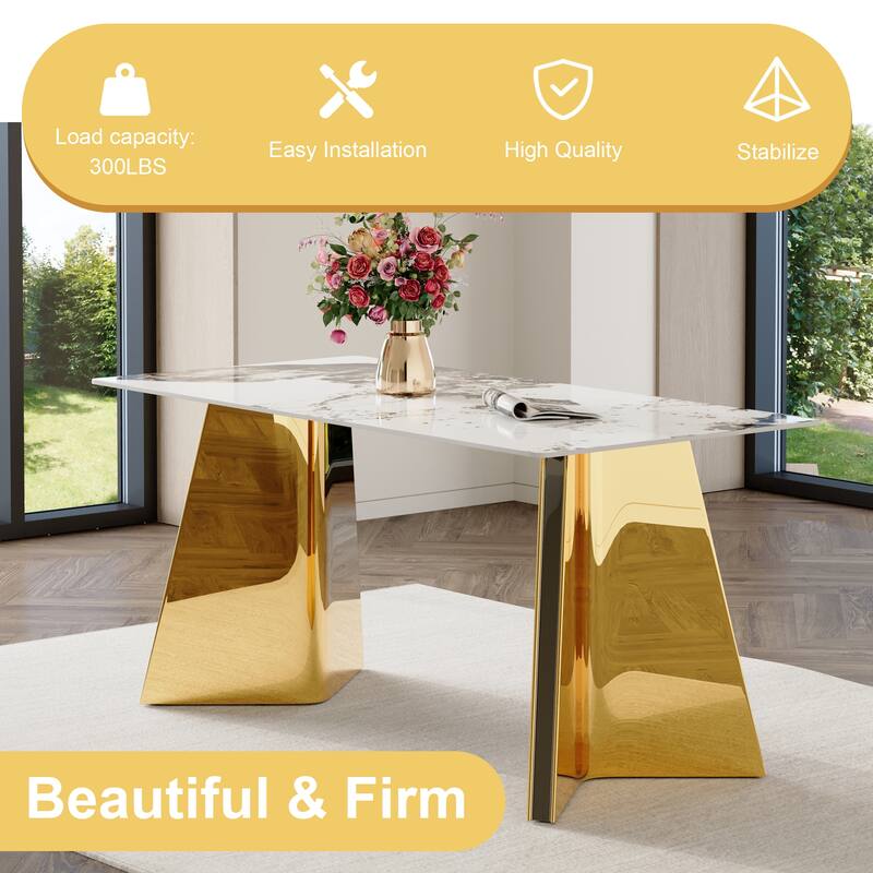 7-Piece Luxury Dining Table and Chair Set, Stone Tabletop Rectangular Table with Stainless Steel Butterfly Legs and 6 PU Chairs