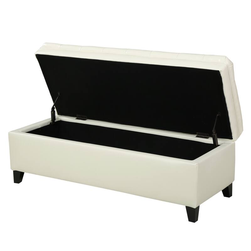 Rhya Storage Ottoman Bench, Ivory Faux Leather, Brown Wood, 50 Inch
