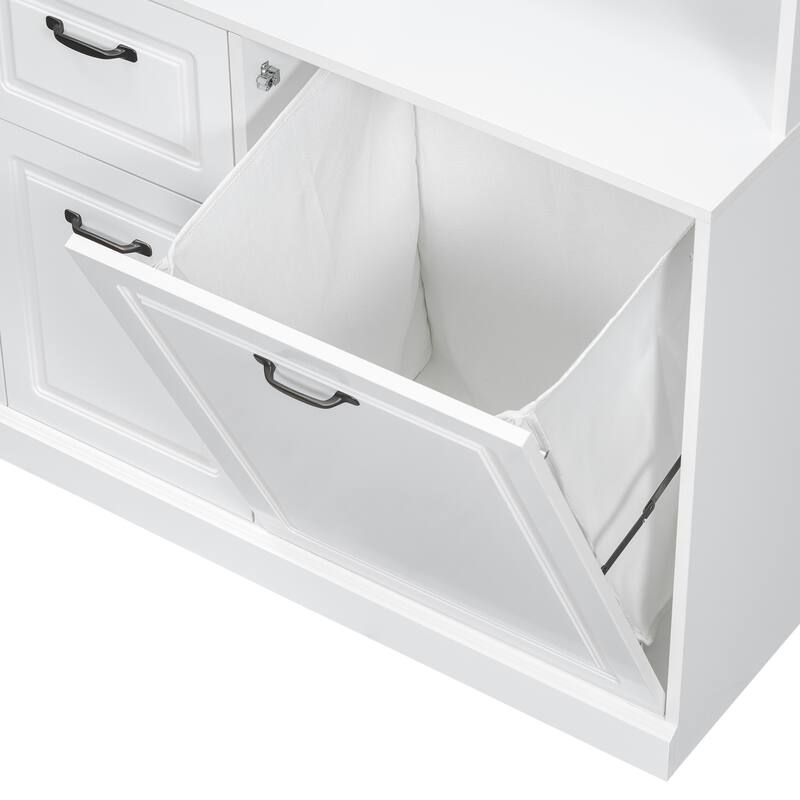 Bathroom Tall Free Standing Cabinet Storage Floor Cabinet w/ Adjustable Shelves, Drawers, Tilt-Out Linen Hamper & Steel Handles